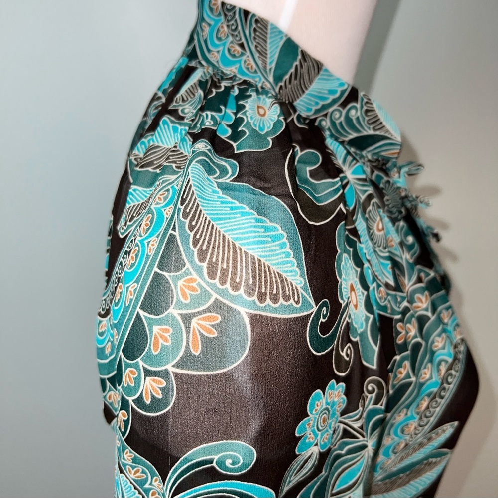 Trina Turk 100% Silk Blouse Black Teal Floral Sheer Long Sleeve Ruffle Size P - Picture 7 of 11